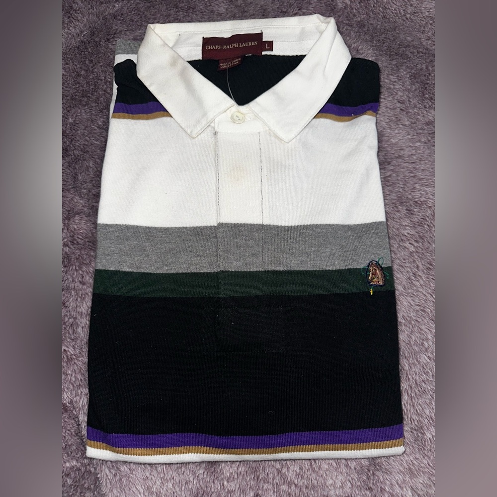 Chaps-Ralph Lauren polo shirt. Large, white with grey & blue horizontal stripes.